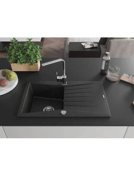 Mexen Cesar zlewozmywak granitowy 1-komorowy z ociekaczem i baterią kuchenną Rita, czarny/srebrny metalik - 6514-73-670300-00, 3 image