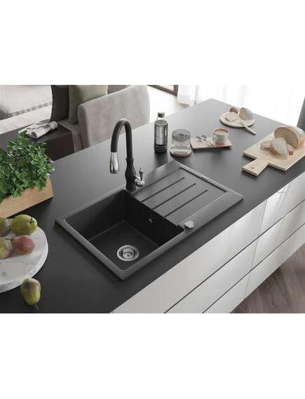 Mexen Bruno zlewozmywak granitowy 1-komorowy z ociekaczem i baterią kuchenną Savita, czarny nakrapiany - 6513-76-672601-70, 2 image