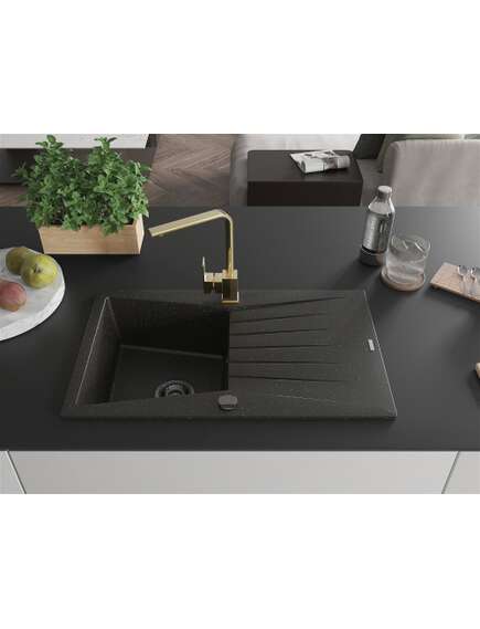 Mexen Cesar zlewozmywak granitowy 1-komorowy z ociekaczem i baterią kuchenną Rita, czarny/złoty metalik - 6514-75-670300-50-B, 3 image