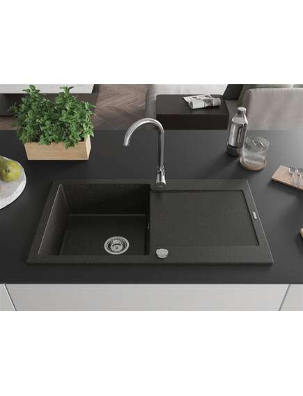 Mexen Leo zlewozmywak granitowy 1-komorowy z ociekaczem i baterią kuchenną Telma, czarny/złoty metalik - 6501-75-670200-00, изображение 3