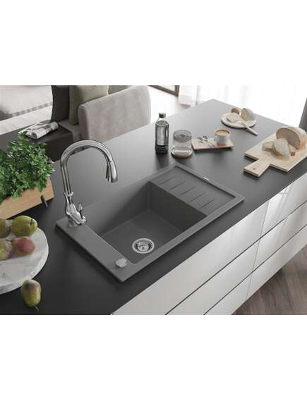 Mexen Elias zlewozmywak granitowy 1-komorowy z ociekaczem i baterią kuchenną Savita, szary - 6511-71-672601-00, 2 image