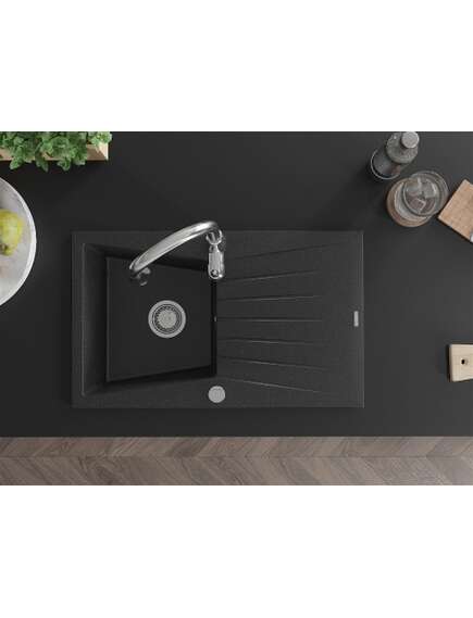 Mexen Cesar zlewozmywak granitowy 1-komorowy z ociekaczem i baterią kuchenną Savita, czarny/srebrny metalik - 6514-73-672601-00, 4 image
