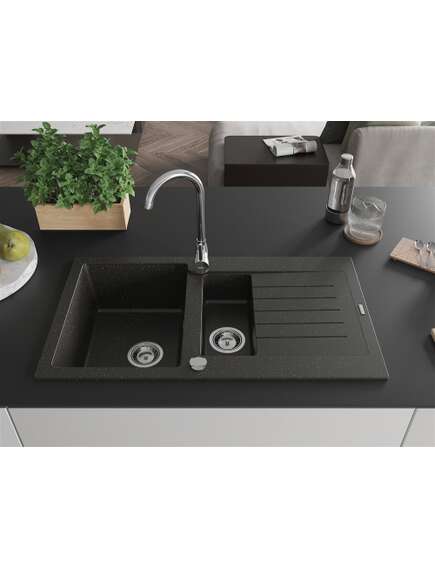 Mexen Matias zlewozmywak granitowy 1,5-komorowy z ociekaczem i baterią kuchenną Telma, czarny/złoty - 6502-75-670200-00, 3 image