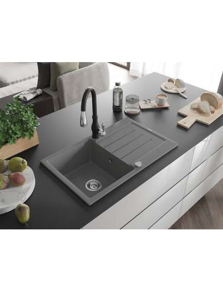Mexen Bruno zlewozmywak granitowy 1-komorowy z ociekaczem i baterią kuchenną Savita, szary - 6513-71-672601-70, 2 image