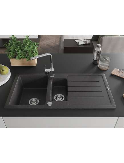Mexen Andres zlewozmywak granitowy 1,5-komorowy z ociekaczem i baterią kuchenną Rita, czarny nakrapiany - 6515-76-670300-00, изображение 3