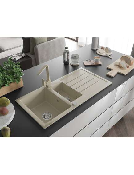 Mexen Andres zlewozmywak granitowy 1,5-komorowy z ociekaczem i baterią kuchenną Rita, beżowy - 6515-69-670300-69, изображение 2