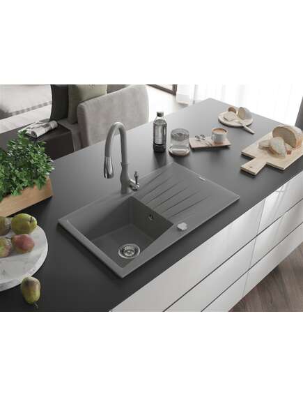 Mexen Cesar zlewozmywak granitowy 1-komorowy z ociekaczem i baterią kuchenną Savita, szary - 6514-71-672601-71, 2 image