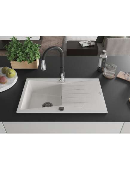 Mexen Cesar zlewozmywak granitowy 1-komorowy z ociekaczem i baterią kuchenną Savita, biały - 6514-20-672601-70, изображение 3