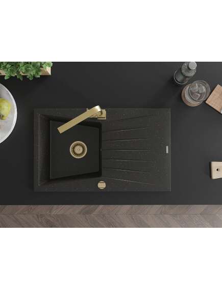 Mexen Cesar zlewozmywak granitowy 1-komorowy z ociekaczem i baterią kuchenną Rita, czarny/złoty metalik - 6514-75-670300-50, 4 image