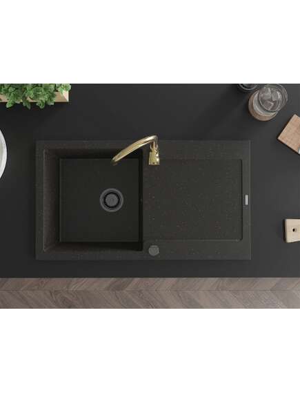 Mexen Leo zlewozmywak granitowy 1-komorowy z ociekaczem i baterią kuchenną Telma, czarny/złoty metalik - 6501-75-670200-50-B, изображение 4