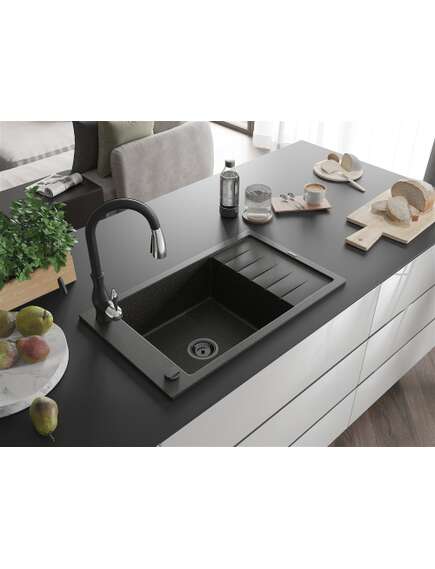 Mexen Elias zlewozmywak granitowy 1-komorowy z ociekaczem i baterią kuchenną Savita, czarny/złoty metalik - 6511-75-672601-70-B, 2 image