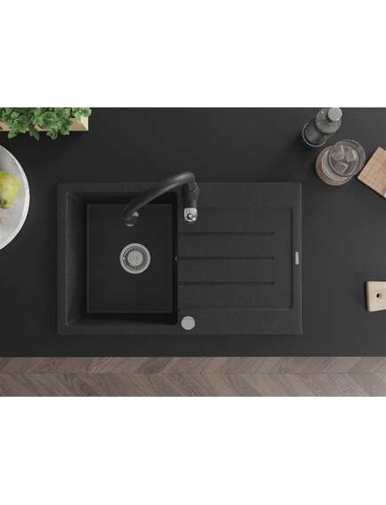 Mexen Bruno zlewozmywak granitowy 1-komorowy z ociekaczem i baterią kuchenną Savita, czarny/srebrny metalik - 6513-73-672601-70, 4 image