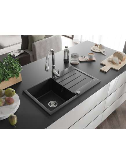 Mexen Bruno zlewozmywak granitowy 1-komorowy z ociekaczem i baterią kuchenną Savita, czarny - 6513-77-672601-00, 2 image