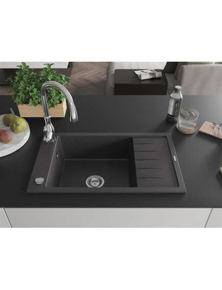 Mexen Elias zlewozmywak granitowy 1-komorowy z ociekaczem i baterią kuchenną Savita, czarny nakrapiany - 6511-76-672601-00, 3 image