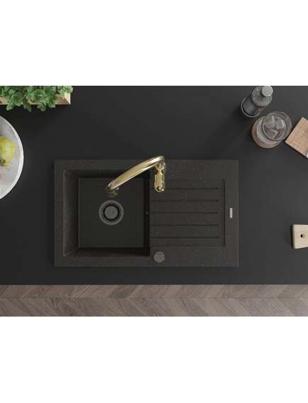 Mexen Pablo zlewozmywak granitowy 1-komorowy z ociekaczem i baterią kuchenną Savita, czarny/złoty metalik - 6510-75-672601-50-B, 4 image