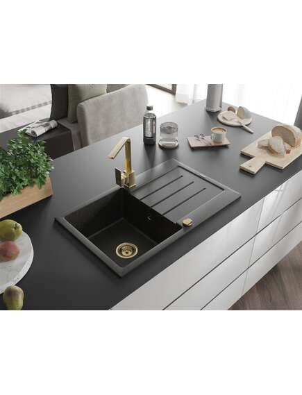 Mexen Bruno zlewozmywak granitowy 1-komorowy z ociekaczem i baterią kuchenną Rita, czarny/złoty metalik - 6513-75-670300-50, 2 image