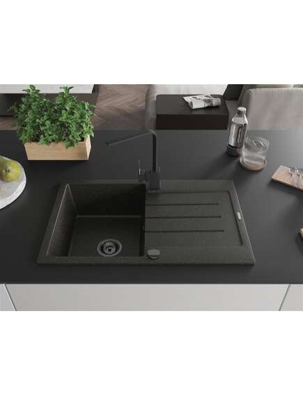 Mexen Bruno zlewozmywak granitowy 1-komorowy z ociekaczem i baterią kuchenną Rita, czarny/złoty metalik - 6513-75-670300-70-B, 3 image