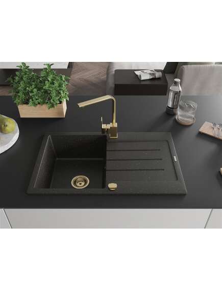 Mexen Bruno zlewozmywak granitowy 1-komorowy z ociekaczem i baterią kuchenną Rita, czarny/złoty metalik - 6513-75-670300-50, 3 image