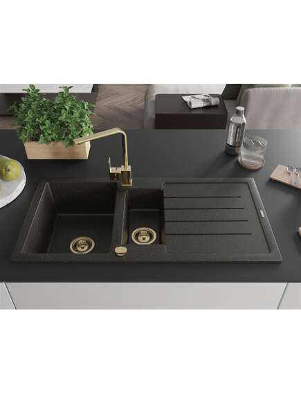 Mexen Andres zlewozmywak granitowy 1,5-komorowy z ociekaczem i baterią kuchenną Rita, czarny/złoty metalik- 6515-75-670300-50, изображение 3