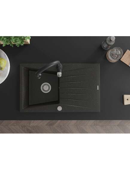 Mexen Cesar zlewozmywak granitowy 1-komorowy z ociekaczem i baterią kuchenną Savita, czarny/złoty metalik - 6514-75-672601-70, 4 image