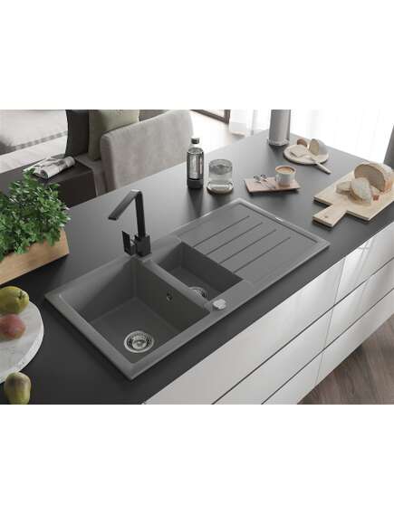 Mexen Andres zlewozmywak granitowy 1,5-komorowy z ociekaczem i baterią kuchenną Rita, szary - 6515-71-670300-70, 2 image