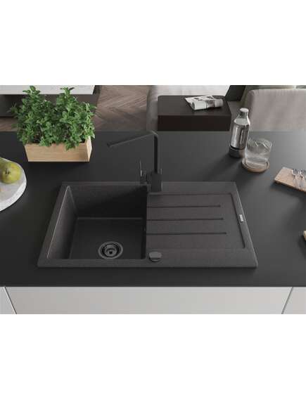 Mexen Bruno zlewozmywak granitowy 1-komorowy z ociekaczem i baterią kuchenną Rita, czarny nakrapiany - 6513-76-670300-70-B, 3 image