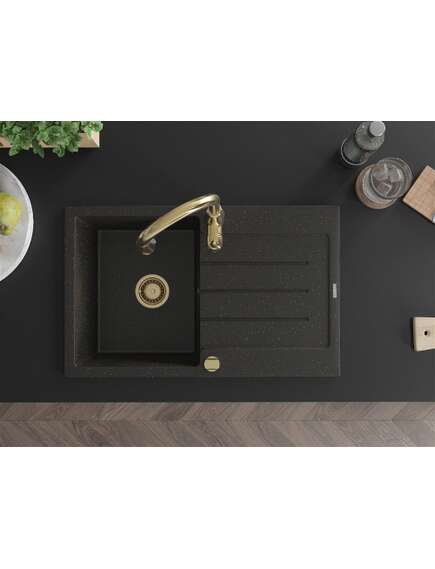 Mexen Bruno zlewozmywak granitowy 1-komorowy z ociekaczem i baterią kuchenną Savita, czarny/zloty metalik - 6513-75-672601-50, 4 image