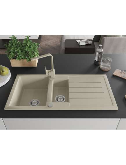 Mexen Andres zlewozmywak granitowy 1,5-komorowy z ociekaczem i baterią kuchenną Rita, beżowy - 6515-69-670300-69, изображение 3