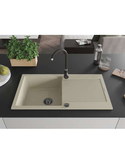 Mexen Leo zlewozmywak granitowy 1-komorowy z ociekaczem i baterią kuchenną Telma, beżowy - 6501-69-670200-70, 3 image