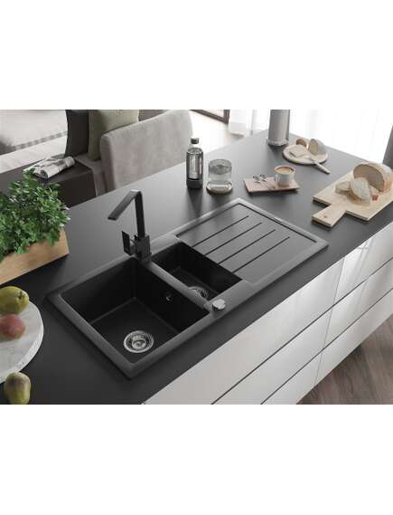 Mexen Andres zlewozmywak granitowy 1,5-komorowy z ociekaczem i baterią kuchenną Rita, czarny/złoty metalik- 6515-75-670300-70, 2 image