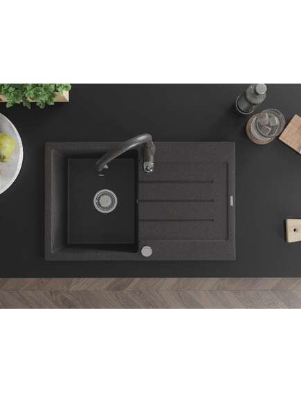 Mexen Bruno zlewozmywak granitowy 1-komorowy z ociekaczem i baterią kuchenną Savita, czarny nakrapiany - 6513-76-672601-76, 4 image