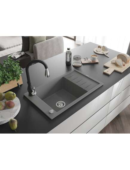 Mexen Elias zlewozmywak granitowy 1-komorowy z ociekaczem i baterią kuchenną Savita, szary - 6511-71-672601-70, 2 image