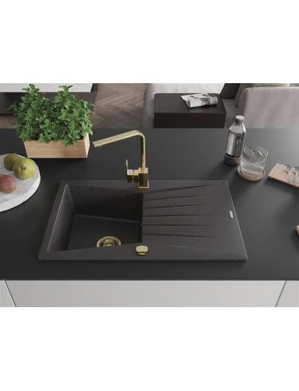 Mexen Cesar zlewozmywak granitowy 1-komorowy z ociekaczem i baterią kuchenną Rita, czarny nakrapiany - 6514-76-670300-50, 3 image
