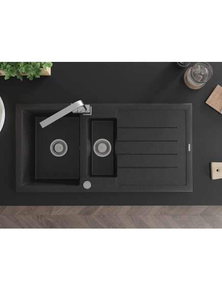 Mexen Andres zlewozmywak granitowy 1,5-komorowy z ociekaczem i baterią kuchenną Rita, czarny/srebrny metalik - 6515-73-670300-00, изображение 4
