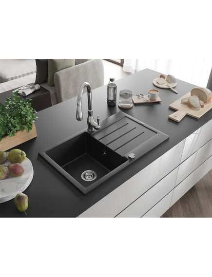 Mexen Bruno zlewozmywak granitowy 1-komorowy z ociekaczem i baterią kuchenną Savita, czarny/srebrny metalik - 6513-73-672601-00, 2 image