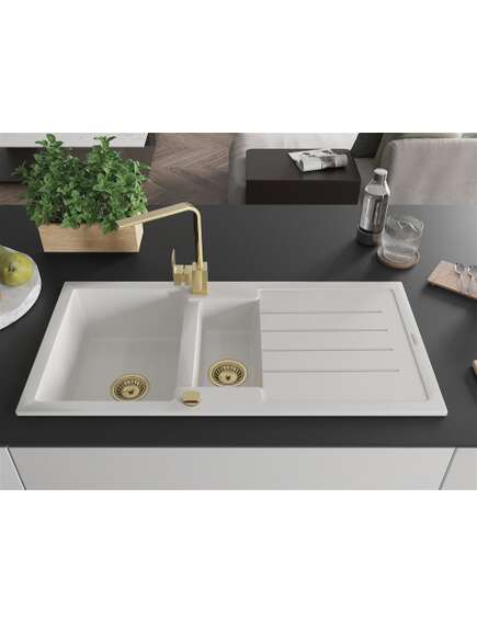 Mexen Andres zlewozmywak granitowy 1,5-komorowy z ociekaczem i baterią kuchenną Rita, biały - 6515-20-670300-50, изображение 3