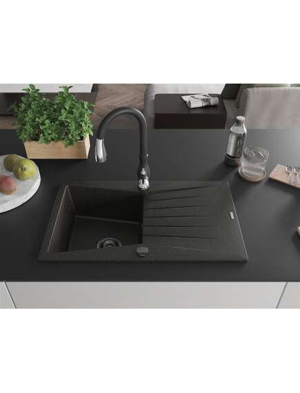 Mexen Cesar zlewozmywak granitowy 1-komorowy z ociekaczem i baterią kuchenną Savita, czarny/złoty metalik - 6514-75-672601-70-B, 3 image