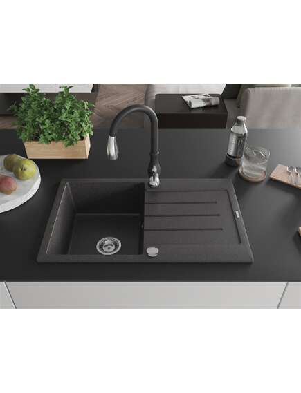 Mexen Bruno zlewozmywak granitowy 1-komorowy z ociekaczem i baterią kuchenną Savita, czarny nakrapiany - 6513-76-672601-70, 3 image