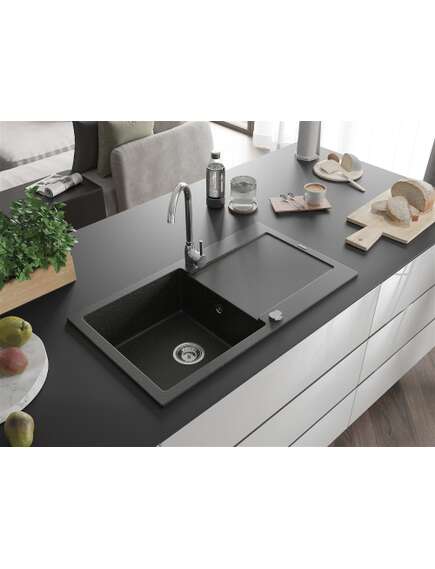 Mexen Leo zlewozmywak granitowy 1-komorowy z ociekaczem i baterią kuchenną Telma, czarny/złoty metalik - 6501-75-670200-00, изображение 2