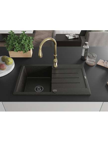 Mexen Bruno zlewozmywak granitowy 1-komorowy z ociekaczem i baterią kuchenną Savita, czarny/zloty metalik - 6513-75-672601-50-B, 3 image