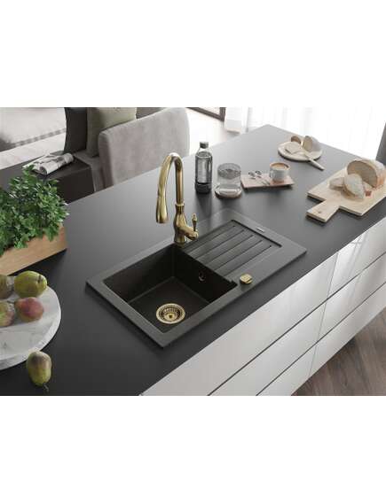 Mexen Pablo zlewozmywak granitowy 1-komorowy z ociekaczem i baterią kuchenną Savita, czarny/złoty metalik - 6510-75-672601-50, 2 image