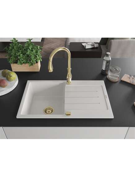 Mexen Bruno zlewozmywak granitowy 1-komorowy z ociekaczem i baterią kuchenną Savita, biały - 6513-20-672601-50, изображение 3