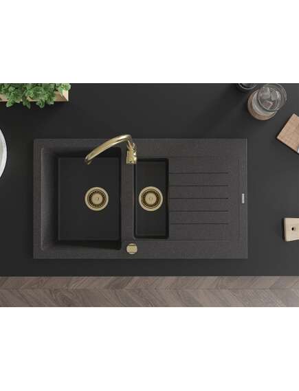 Mexen Matias zlewozmywak granitowy 1,5-komorowy z ociekaczem i baterią kuchenną Telma, czarny nakrapiany - 6502-76-670200-50, 4 image