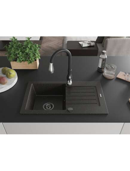 Mexen Pablo zlewozmywak granitowy 1-komorowy z ociekaczem i baterią kuchenną Savita, czarny/złoty metalik - 6510-75-672601-70-B, 3 image