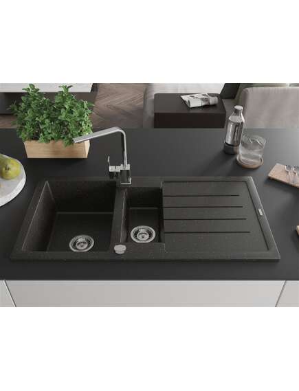 Mexen Andres zlewozmywak granitowy 1,5-komorowy z ociekaczem i baterią kuchenną Rita, czarny/złoty metalik- 6515-75-670300-00, 3 image
