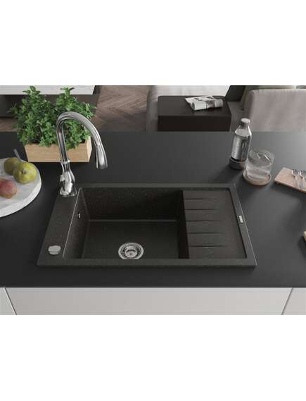 Mexen Elias zlewozmywak granitowy 1-komorowy z ociekaczem i baterią kuchenną Savita, czarny/złoty metalik- 6511-75-672601-00, 3 image