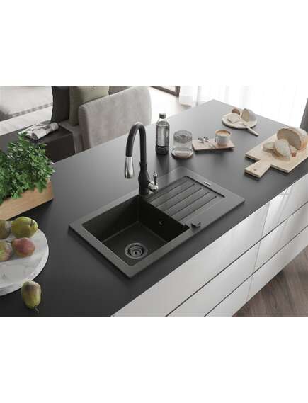 Mexen Pablo zlewozmywak granitowy 1-komorowy z ociekaczem i baterią kuchenną Savita, czarny/złoty metalik - 6510-75-672601-70-B, 2 image