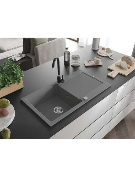 Mexen Leo zlewozmywak granitowy 1-komorowy z ociekaczem i baterią kuchenną Telma, szary - 6501-71-670200-70, 2 image