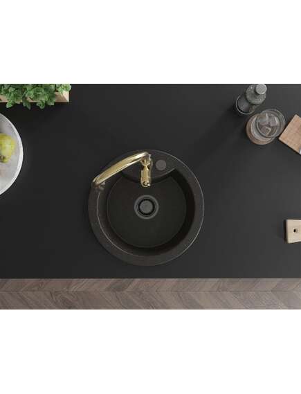 Mexen Diego zlewozmywak granitowy 1-komorowy z baterią kuchenną Savita, czarny/złoty metalik - 6512-75-672601-50-B, 4 image