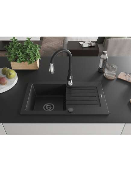 Mexen Pablo zlewozmywak granitowy 1-komorowy z ociekaczem i baterią kuchenną Savita, czarny - 6510-77-672601-70-B, 3 image